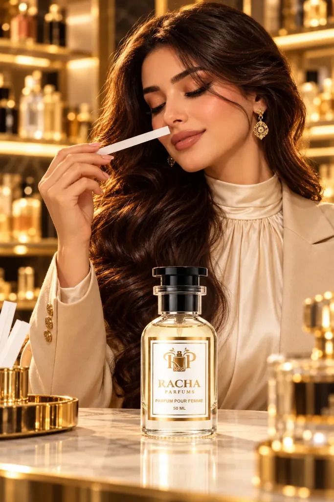Femme découvrant un parfum Racha sur une mouillette