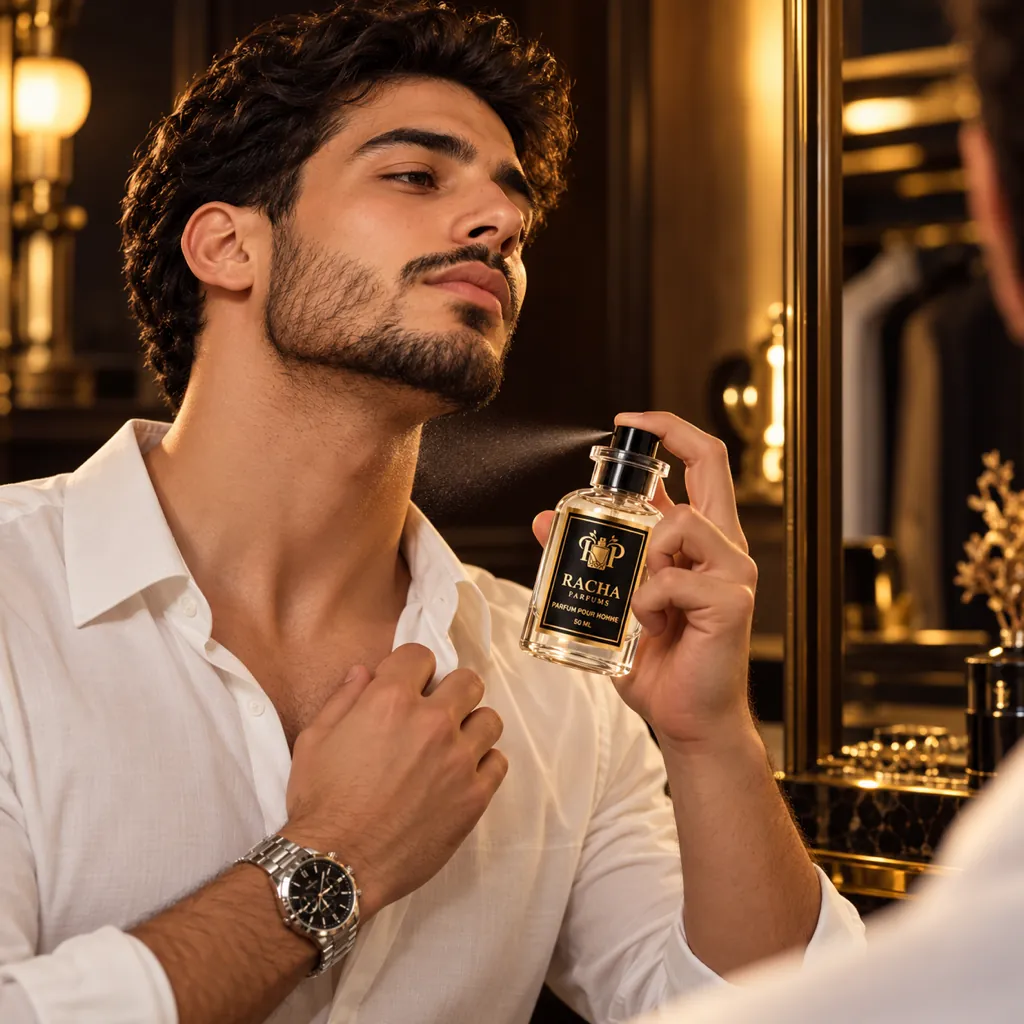 Homme vaporisant le parfum Racha