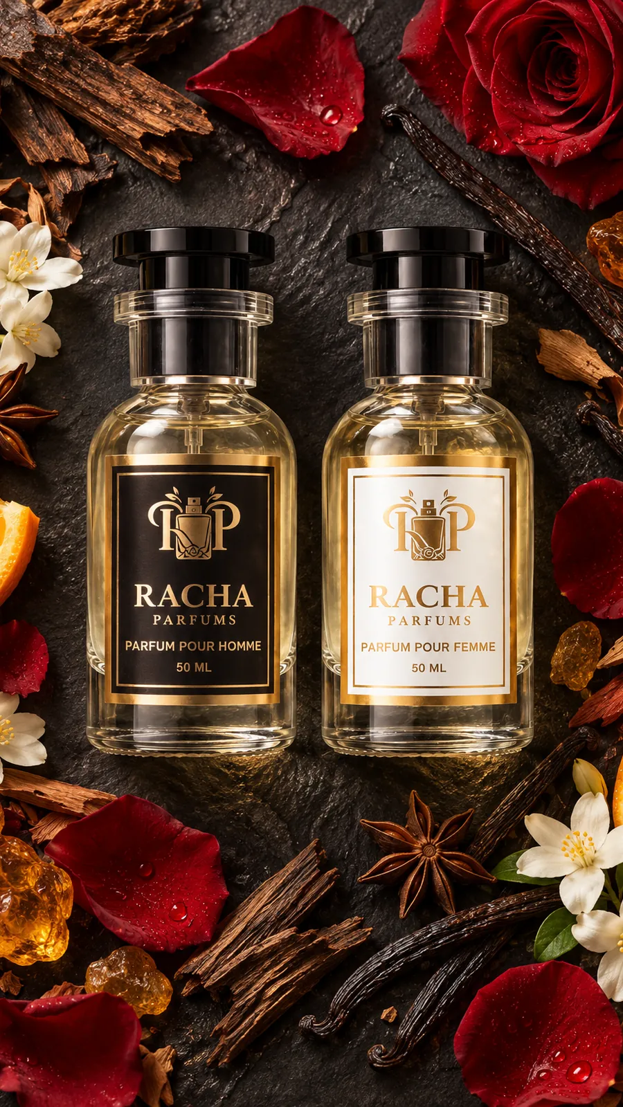 Parfums Racha entourés de leurs matières premières