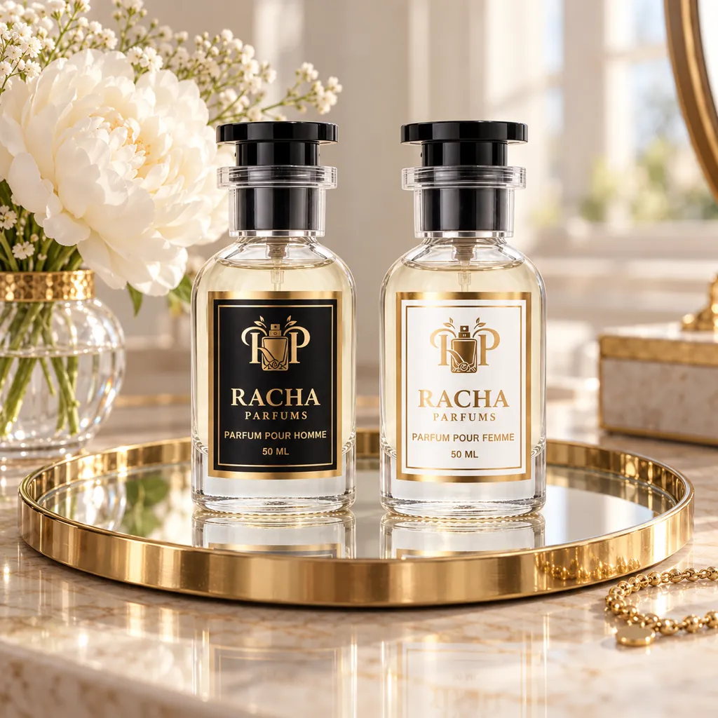 Parfums Racha sur un plateau de coiffeuse