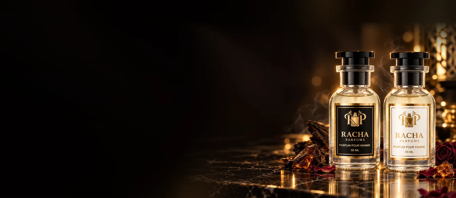 Les parfums Racha pour elle et pour lui sur marbre noir
