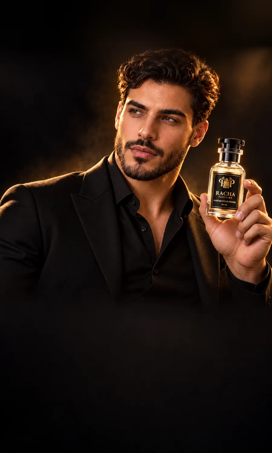 Jeune homme tenant le parfum Racha pour homme