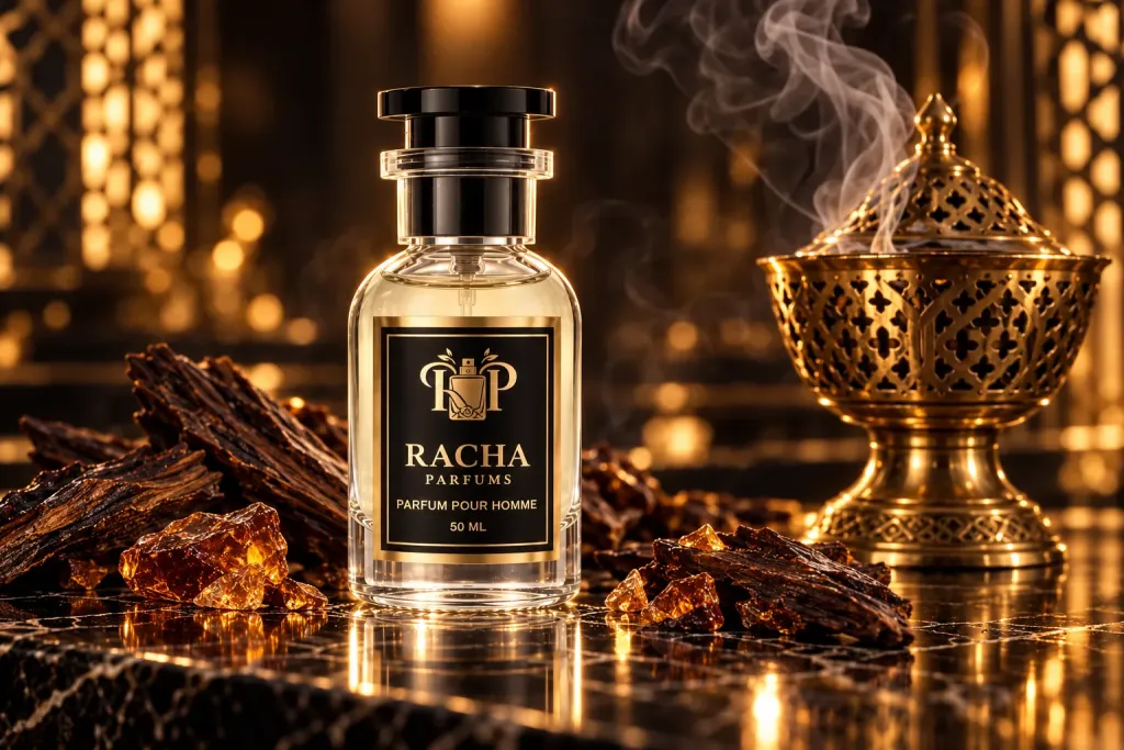 Parfum Racha et brûle-parfum au bois d'oud